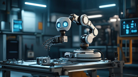 A fully autonomous robot performing maintenance checks on machinery, autonomously detecting issues.の素材