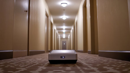 A robot on a clean, modern hotel hallway, carrying items between rooms with precision.の素材