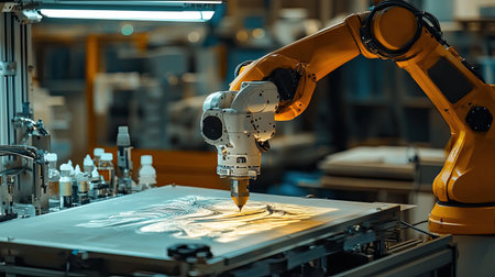 A robot arm with a laser engraver etching a design onto a smooth, metallic surface.の素材