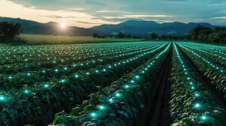 AI-driven agriculture concept with glowing sensors in a lush, green field, representing intelligent crop management.の素材