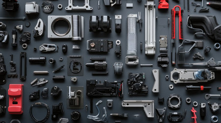 A detailed shot of modular robotics parts featuring connectors, sensors, and actuators ready for assembly.の素材