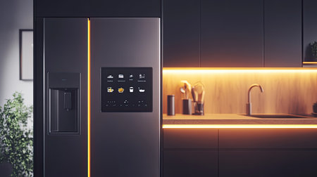A sleek smart refrigerator with a glowing touch display panel in a modern kitchen. The screen shows recipes, grocery lists, and weather updates. Stainless steel finish.の素材
