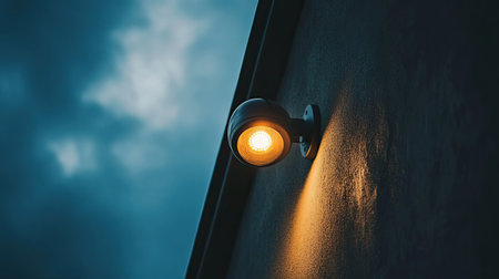 Close-up of a smart home security camera mounted on an outdoor wall. The lens glowing faintly, indicating active monitoring under a cloudy sky.の素材