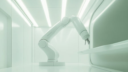 A single, elegant robotic arm positioned in a brightly lit, clean studio, showcasing its modern design.の素材