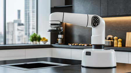 Close-up of a service robot performing tasks in a clean kitchen, showcasing its advanced design and functionality.の素材