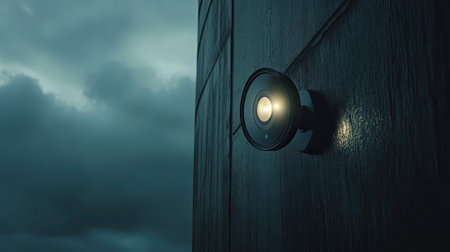 Close-up of a smart home security camera mounted on an outdoor wall. The lens glowing faintly, indicating active monitoring under a cloudy sky.の素材