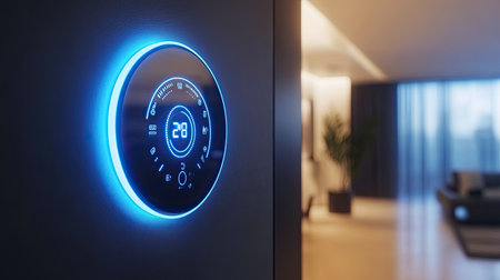 Smart energy meter with a glowing touch display showing real-time power usage in a modern setting.の素材