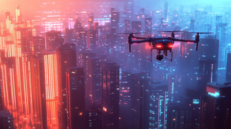 Futuristic drone hovering in an urban environment, equipped with smart sensors and cameras. Clean, innovative urban backdrop.の素材