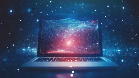 Holographic representation of AI optimization algorithms glowing above a minimalist digital workspace.の素材