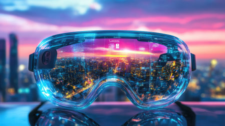 Futuristic smart glasses projecting AR navigation in a cityscape, focusing on innovative wearable tech concepts.の素材