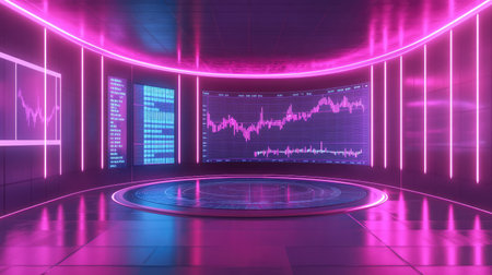 Futuristic AI financial analysis system glowing with holographic stock charts and predictive graphs.の素材