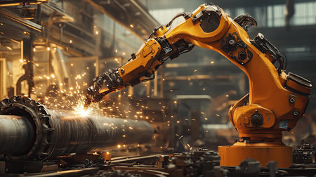 Robotic arm welding pipes with intense sparks flying in a dramatic factory scene.の素材