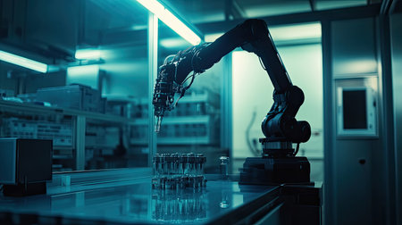 Robotic arm equipped with advanced sensors, adjusting components in a controlled environment.の素材