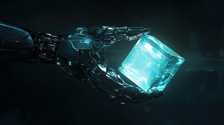 Futuristic robot arm holding a glowing holographic cube in a dark tech-themed background.の素材