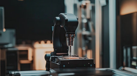 Sleek robotic arm holding a futuristic tool in a dark, industrial-themed studio.の素材