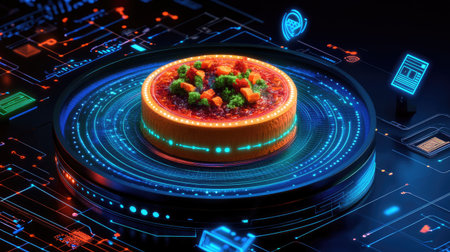 Smart home automation system with glowing digital icons and holographic controls in a modern interior.の素材