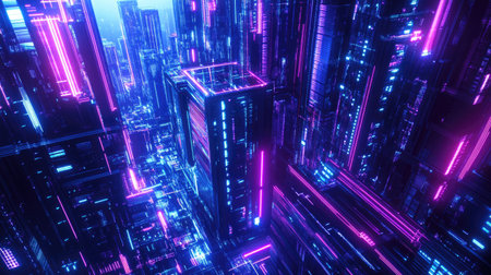 A futuristic gradient texture blending neon blue to deep violet, with a glitch-like texture for tech-inspired themes.の素材