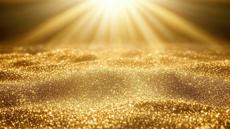 A glowing luxury gold background with radiant light bokeh and shimmering golden particles.の素材