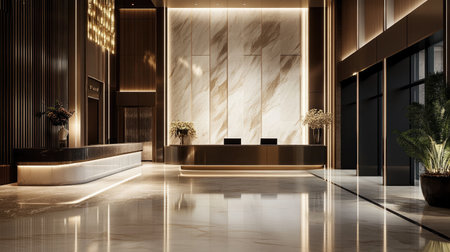A luxurious background with marble textures, glossy finishes, and soft lighting, radiating a modern and high-end feel.の素材