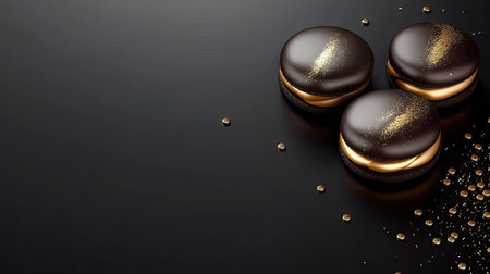 A smooth and polished dark background with golden metallic touches, creating a luxurious and exclusive atmosphere ideal for high-end brand designs.の素材