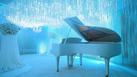 An elegant and glossy white grand piano in a luxurious setting, with a velvet carpet and gleaming chandeliers in the background.の素材