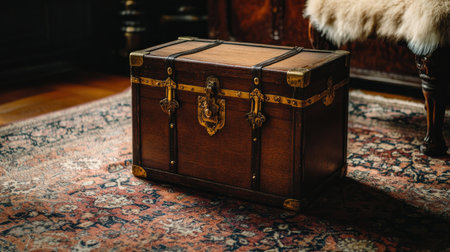 An antique wooden chest with golden clasps, sitting on an ornate rug, surrounded by soft lighting and rich, luxurious surroundingsの素材