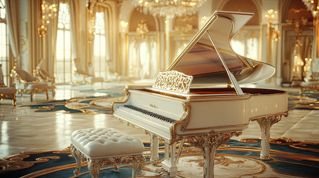 An elegant and glossy white grand piano in a luxurious setting, with a velvet carpet and gleaming chandeliers in the background.の素材