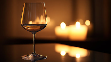 An elegant crystal wine glass reflecting the soft glow of candlelight, placed on a dark polished table surfaceの素材