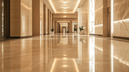 A grand luxury hallway with polished marble floors and a stunning marble wall, illuminated by soft lighting to create a refined atmosphereの素材