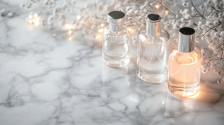 A collection of luxury perfumes with elegantly designed glass bottles, placed on a polished marble surface with soft glowing light.の素材