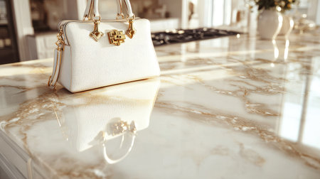 A close-up of a luxury designer handbag placed beside an exquisite marble countertop with a soft reflective surfaceの素材