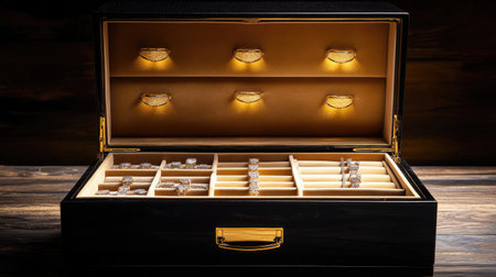 A gleaming luxury jewelry case with velvet interior, open to display sparkling gemstones, illuminated by soft, warm lighting.の素材