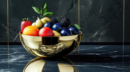 A gleaming golden bowl filled with exotic fruits, placed on a polished marble table with a soft reflective surfaceの素材