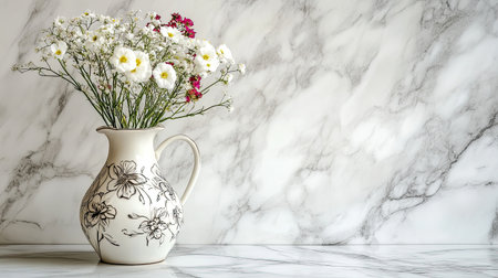 A delicate porcelain vase with intricate floral designs, filled with fresh blooms, placed on a polished marble countertopの素材