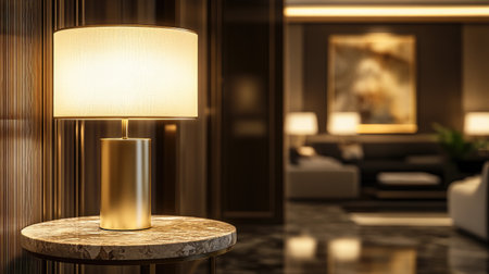 A luxurious golden lamp on a sleek marble side table, casting soft light in an elegant, high-end living roomの素材