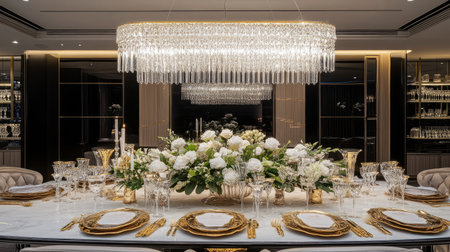 A grand chandelier made of clear crystal, hanging above an elegant dining table with gold-plated cutlery and a lush centerpieceの素材