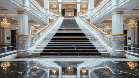 A grand luxury marble staircase with polished, gleaming steps leading to an elegant upper level, with soft lighting highlighting the beauty of the marbleの素材