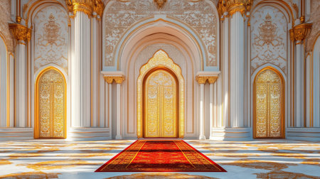 A grand royal palace doorway with gold accents, intricately carved wood, and a richly adorned red carpet leading into an opulent spaceの素材