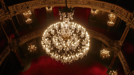 A grand chandelier with sparkling crystals, hanging from a high ceiling, casting a soft, luxurious glow on a velvet carpet belowの素材