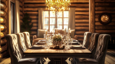 A lavish rustic dining area with a wooden table, plush velvet chairs, and a gold chandelier overhead, surrounded by natural wood wallsの素材