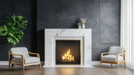 A luxurious marble fireplace with an elegant gold-accented mantel, set against a sleek, minimalist living roomの素材