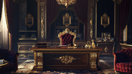 A luxurious royal wooden desk with gold detailing, surrounded by velvet upholstery, creating an atmosphere of elegance and luxuryの素材