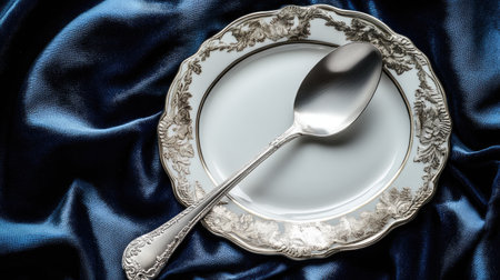 A luxury silver serving spoon with a delicate handle, resting beside an ornate plate on a rich velvet fabricの素材