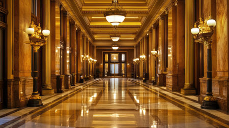 A polished marble hallway with intricate veining, elegant lighting fixtures overhead, and gold-accented decor for an upscale lookの素材