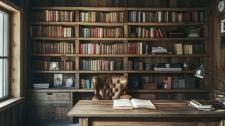 A luxury rustic study featuring wooden shelves filled with leather-bound books, a velvet reading chair, and a large reclaimed wood deskの素材