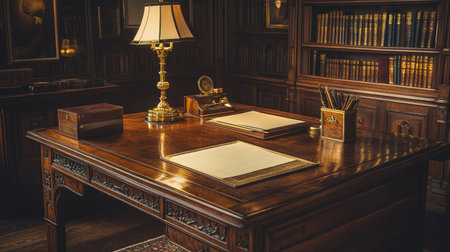 A polished wooden writing desk with an antique golden pen holder, surrounded by elegant stationery and soft, ambient lightingの素材