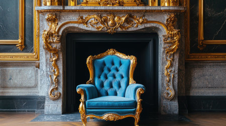 A plush royal armchair with gold trim, positioned in front of an opulent fireplace with intricate marble carvings and golden detailsの素材