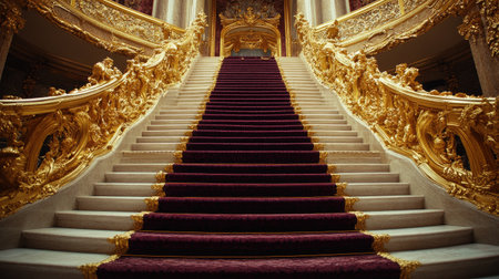 A majestic set of royal steps adorned with golden banisters, leading up to an opulent room with rich, velvet furnitureの素材