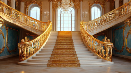 A majestic set of royal steps adorned with golden banisters, leading up to an opulent room with rich, velvet furnitureの素材