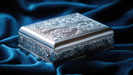 A polished silver jewelry box with delicate engravings, resting on a luxurious velvet surface, capturing timeless eleganceの素材